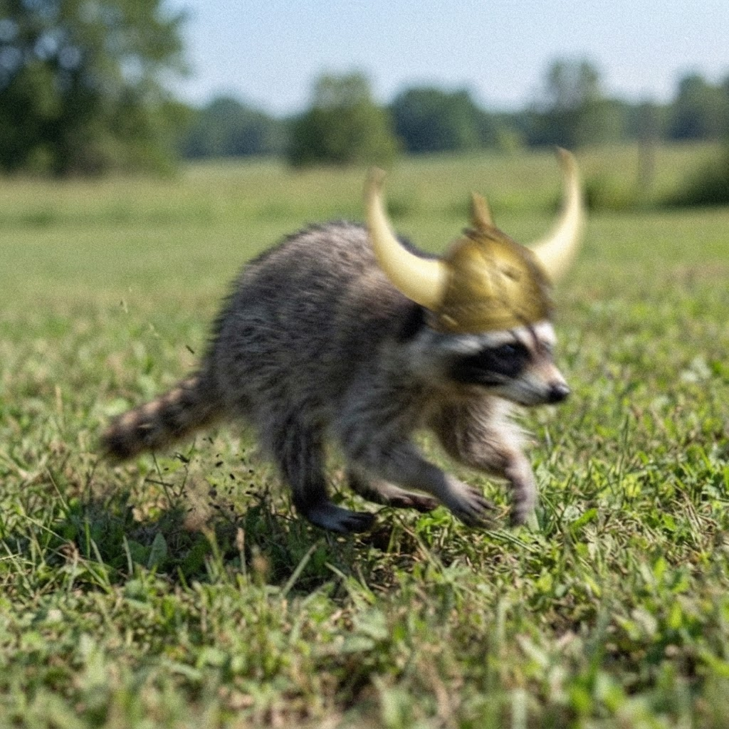 Jimothy the raccoon in a viking helmet charging across a field