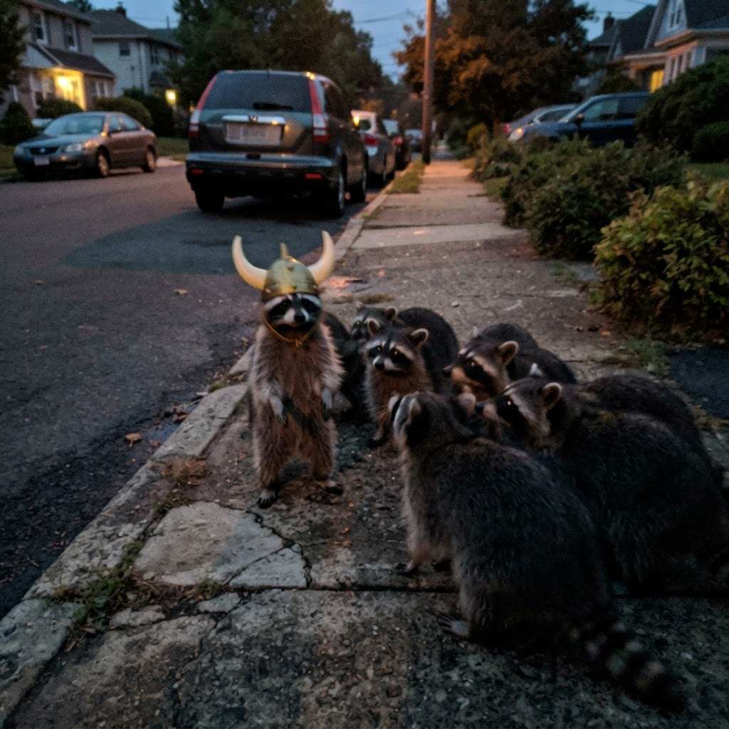 Jimothy the raccoon leading a group of other raccoons