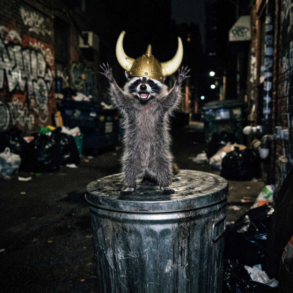 Jimothy the raccoon standing triumphantly on a trash can at night